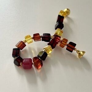 Gold-Accented Baltic Amber & Ruby Cube Bead Bracelet